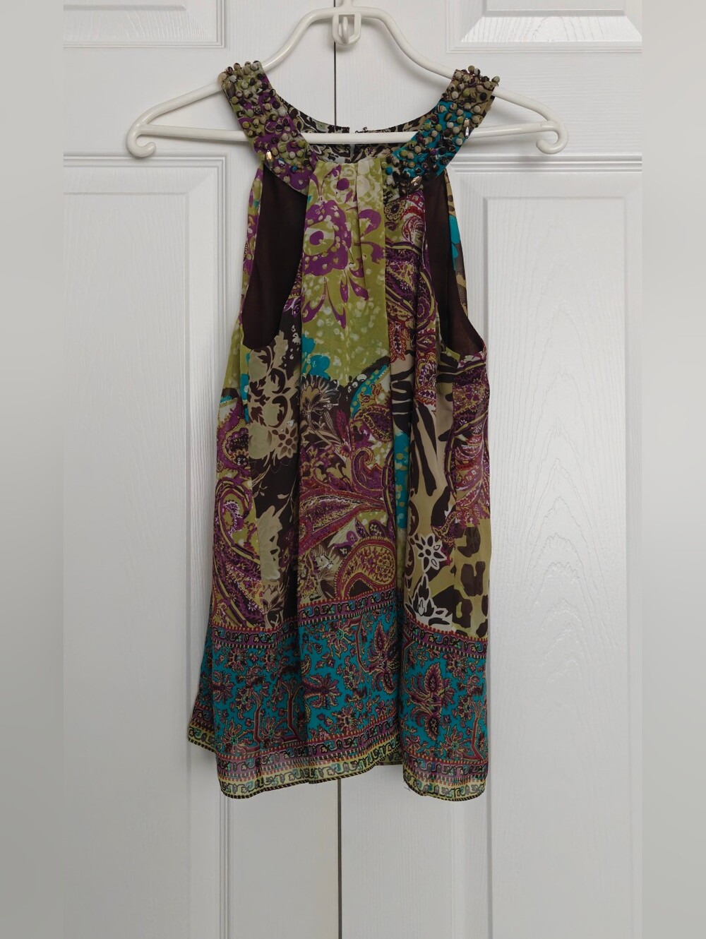Beaded Halter Paisley Tank Top - Teal, Olive & Purple, Size 8